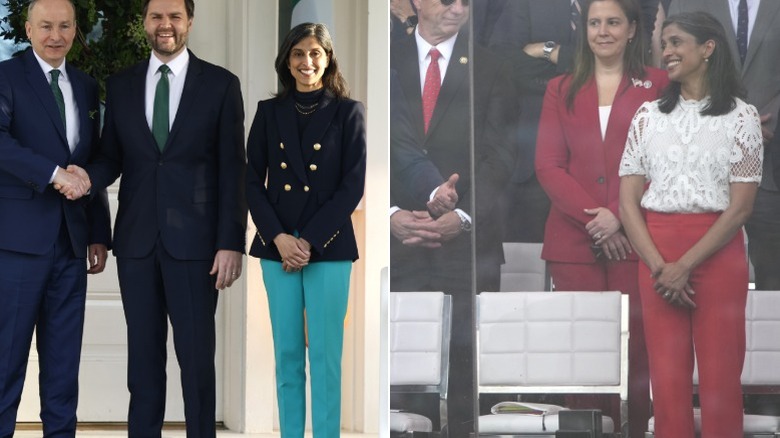 Usha Vance portant un pantalon vert et rouge