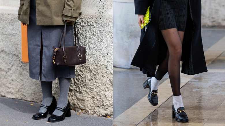 Gros plan de chaussures Mary Jane à talons portées avec des chaussettes et des mocassins à talons portés avec des chaussettes et des bas