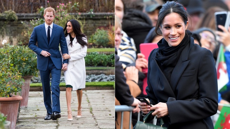 Meghan Markle marchant avec le prince Harry au palais de Kensington et vêtue de noir