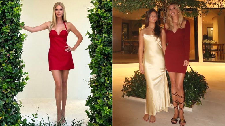 Ivanka Trump pose en robe rouge sur une photo qu'elle a partagée sur Instagram le 6 mai 2024 (2024) ; Ivanka Trump (à droite) sourit en posant avec sa fille Arabella Kushner sur une photo qu'elle a publiée sur Instagram le 8 décembre 2025 (2025)