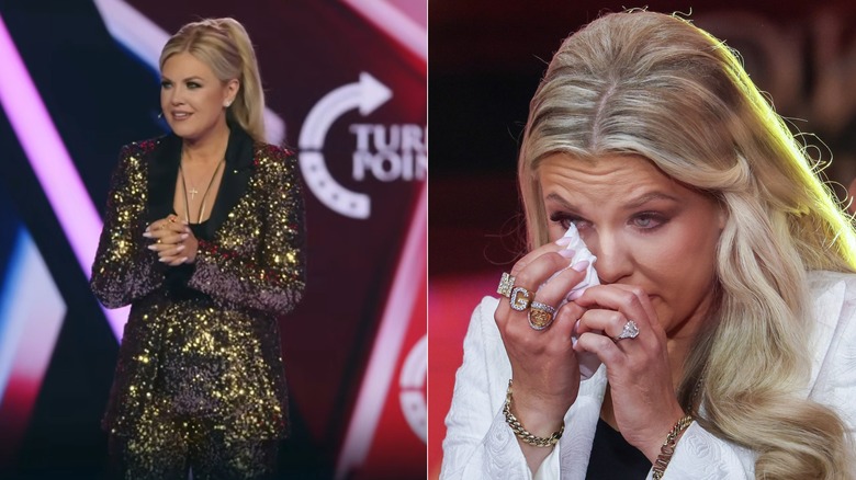 Erika Kirk dans un costume doré et un gros plan de ses bagues