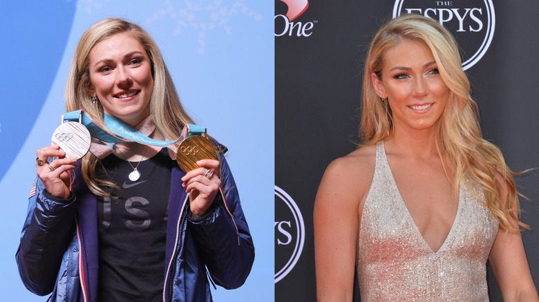Mikaela Shiffrin montrant ses médailles d'or et d'argent des Jeux olympiques de 2018 et foulant le tapis rouge aux ESPY