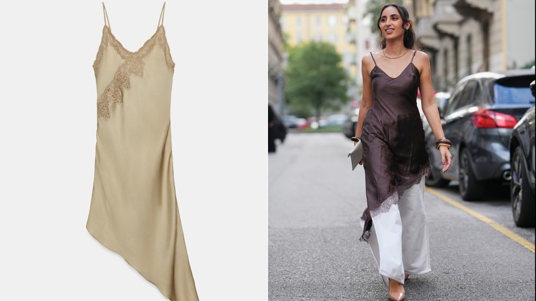 Une robe asymétrique en satin avec des bordures en dentelle, parfaite pour le printemps (L) et une femme portant une robe asymétrique avec des détails en dentelle sur un pantalon blanc