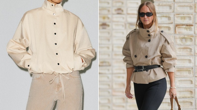 Une femme portant une tenue de printemps composée d'une veste entonnoir et d'une ceinture