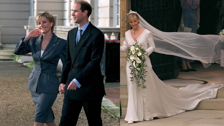 Sophie duchesse d'Édimbourg et le prince Edward annoncent leurs fiançailles et Sophie duchesse d'Édimbourg dans sa robe de mariée