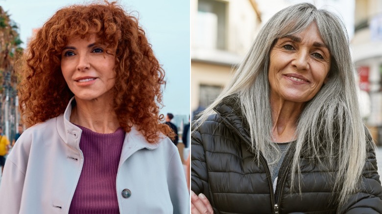 Image divisée d'une femme aux cheveux roux bouclés et avec une frange à gauche, et d'une femme aux longs cheveux gris et avec une frange en rideau à droite.