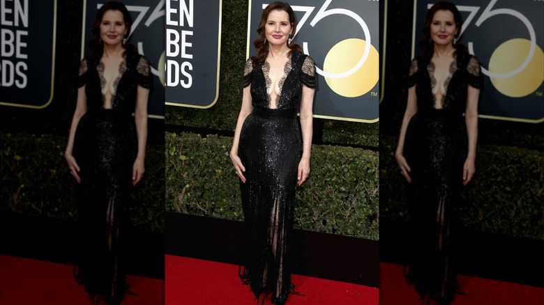 Geena Davis dans une robe noire lors de la 75e cérémonie annuelle des Golden Globe Awards à Beverly Hills en janvier 2018