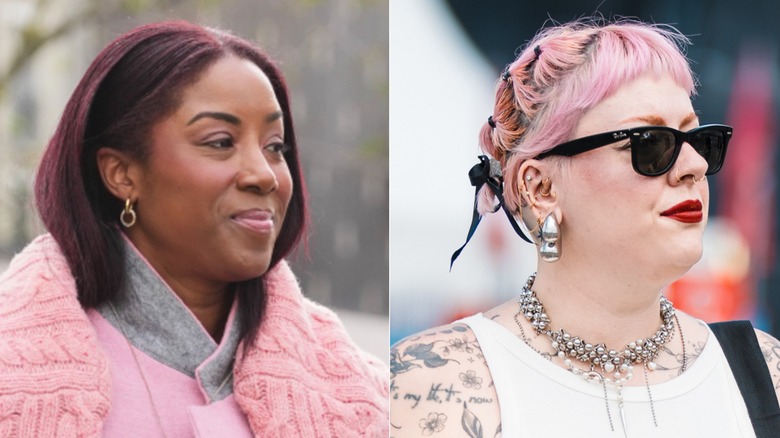 Une femme à la fashion week aux cheveux bordeaux et une invitée du festival aux cheveux roses
