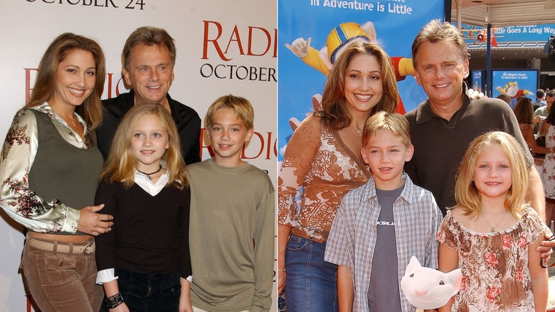 À gauche, Maggie Sajak assiste à un événement sur le tapis rouge avec sa famille, vêtue d'une robe noire à manches longues avec un col blanc qui ressort. À droite, Maggie Sajak assiste à la première de Stuart Little 2 avec sa famille à Los Angeles en 2002, vêtue d'une chemise à fleurs avec un jean.