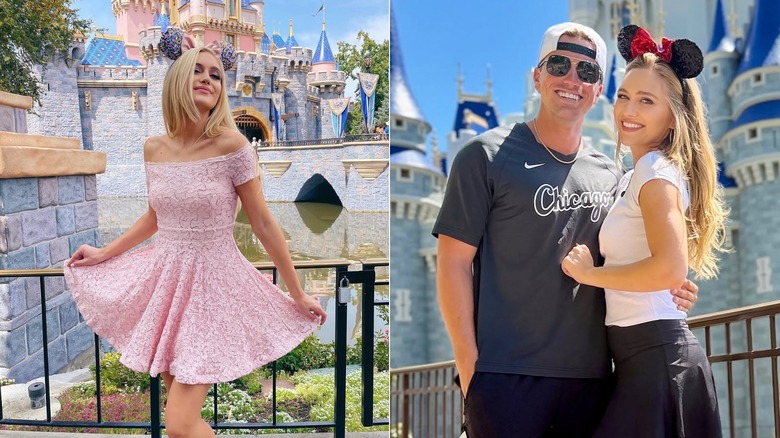 À gauche, Maggie Sajak pose dans une robe en dentelle devant le château de la Belle au bois dormant à Disneyland Resort en 2021. À droite, Sajak pose avec Jackson Olson à Walt Disney World Resort en 2026.
