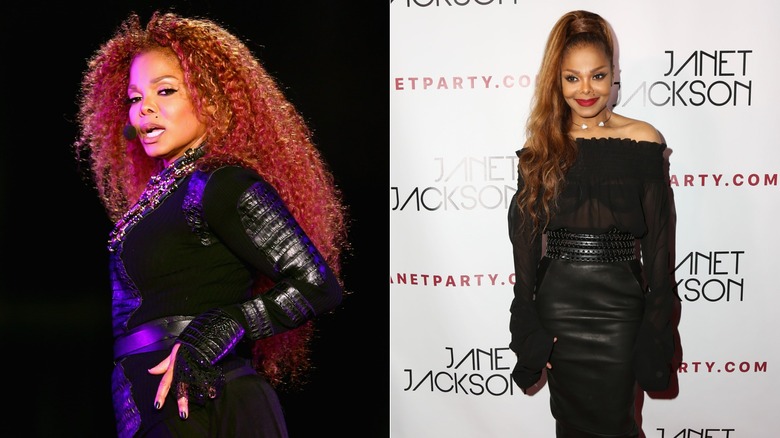 Janet Jackson pose avec sa main sur sa hanche / Janet Jackson sourit en portant du rouge à lèvres