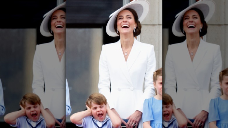 Le prince Louis se bouche les oreilles pendant que maman Kate Middleton rit derrière lui