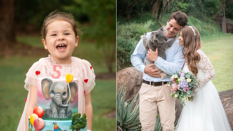 À gauche, la fille de Bindi Irwin, Grace, a célébré son cinquième anniversaire avec un gâteau d'éléphant en mars 2026. À droite, Bindi Irwin et son mari Chandler Powell câlinent un koala lors de leur mariage au zoo d'Australie en mars 2020.
