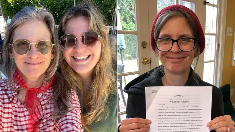 Photo côte à côte d'Helen Slater avec sa fille et tenant un essai