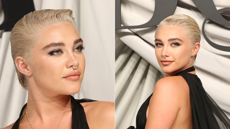 Côte à côte : Florence Pugh avec un lutin lissé sous deux angles