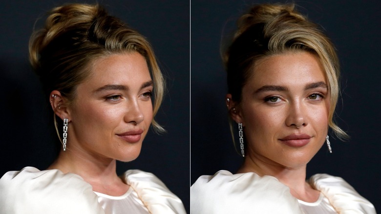 Côte à côte de deux photos de Florence Pugh portant un chignon retourné