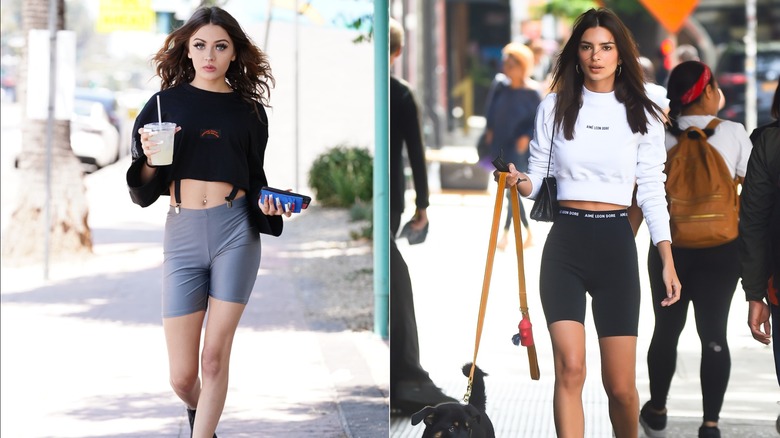 Prymrr dans un sweat-shirt court, des bretelles et un short motard gris à Los Angeles en juin 2021 / Emily Ratajkowski promenant son chien à Soho à New York en juin 2019