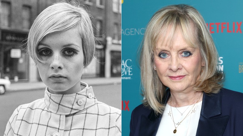 Une photo N&B d'une jeune Twiggy portant un eye-liner audacieux. Une Twiggy plus âgée posant avec un eye-liner bleu et un blazer bleu marine.