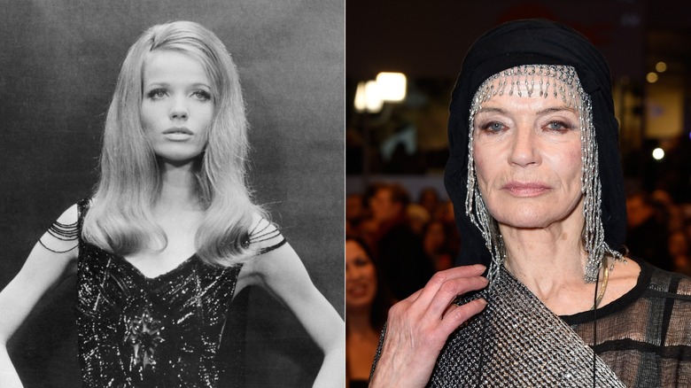 Une photo N&B d'une jeune Veruschka von Lehndorff pose vêtue d'une robe incrustée. Une Veruschka von Lehndorff plus âgée pose avec un casque argenté.