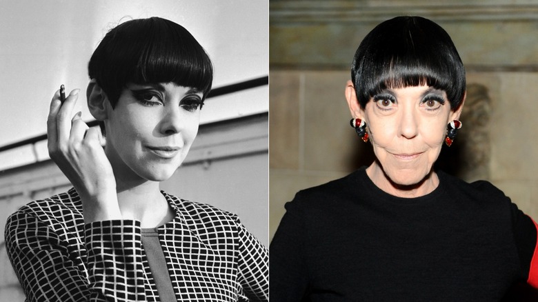 Une photo N&B d'une jeune Peggy Moffitt posant avec une cigarette. Une Peggy Moffitt plus âgée pose avec de grandes boucles d'oreilles.