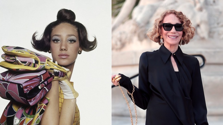 Une jeune Marisa Berenson pose avec un fard à paupières bleu et un carré effleuré. Une Marisa Berenson plus âgée sourit avec de grandes lunettes de soleil noires.
