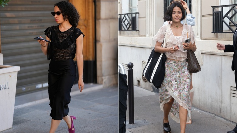 Une invitée lors de la Fashion Week de Paris portant un caraco noir et un haut en dentelle à gauche, et une invitée lors de la Fashion Week de Paris portant un caraco en dentelle et un chemisier transparent à volants à droite.