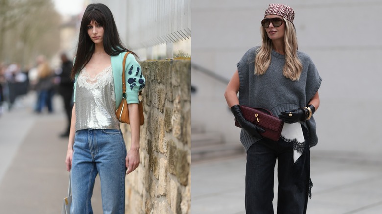 Une invitée de la Fashion Week de Paris portant un caraco en dentelle et sequins et un cardigan vert menthe à gauche, et Olga Liber portant un gilet en tricot gris et un caraco bordé de dentelle à droite.