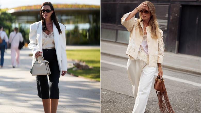 Invitée de la Fashion Week de Copenhague dans un blazer blanc et un caraco en dentelle ivoire à gauche, et Olivia Anna-Catharina dans une veste brodée et un caraco en dentelle lors de la Fashion Week de Copenhague à droite.