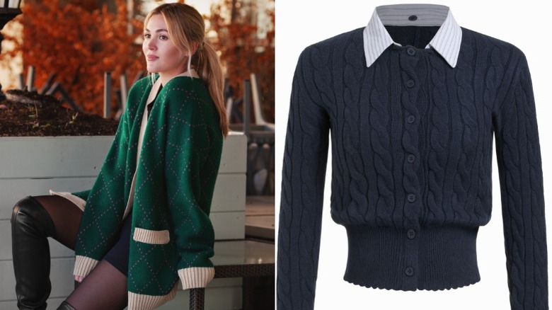 Une femme portant un cardigan vert surdimensionné