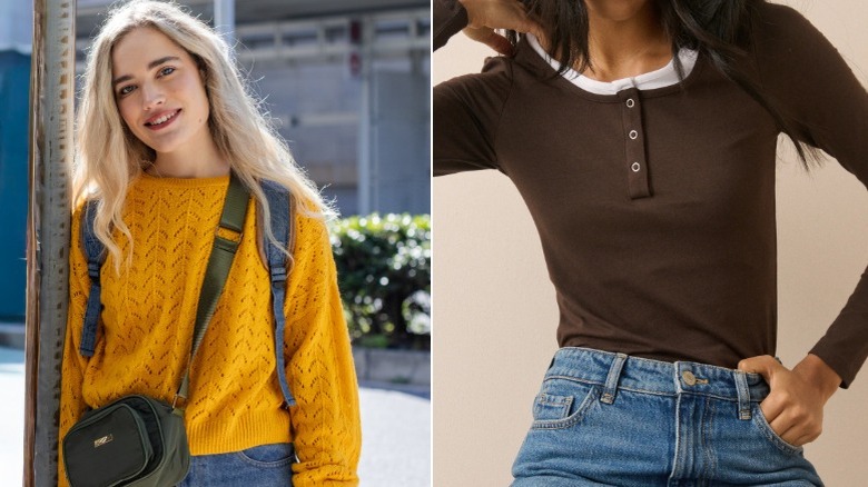 Une femme portant un pull jaune moutarde