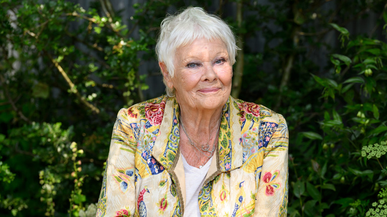 Dame Judi Dench assise dans un jardin