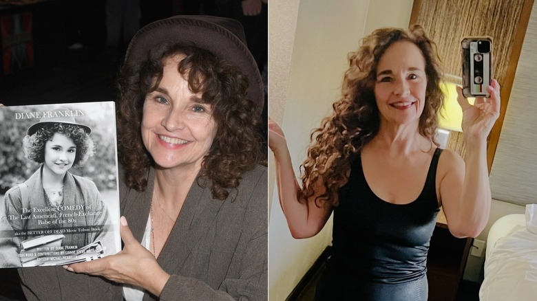 Diane Franklin brandissant une photo d'elle-même et portant un chapeau à gauche et prenant un selfie miroir dans un débardeur noir avec de longs cheveux bouclés à droite.