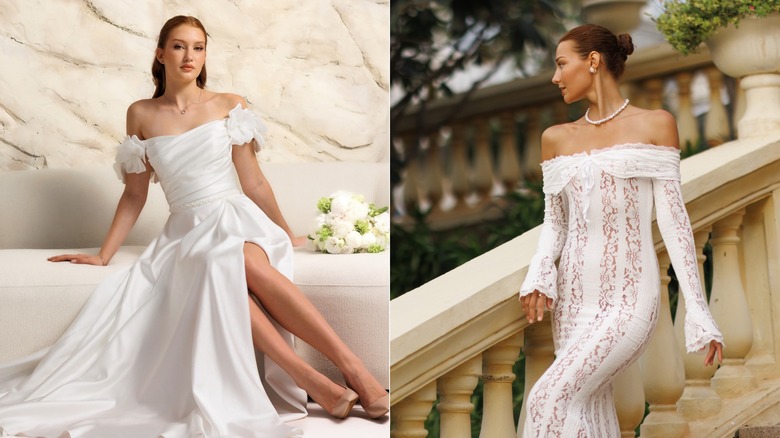 (L) Une femme portant un look de mariée simple et coordonné. (R) Une femme avec beaucoup de texture de mode nuptiale.