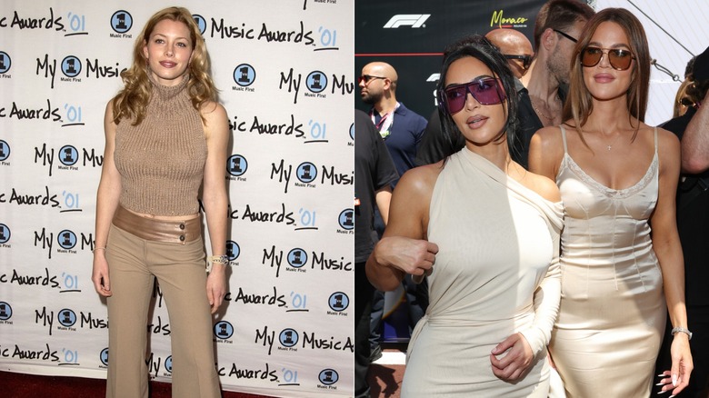 Jessica Biel pose portant un col roulé en tricot beige et un pantalon tailleur beige à gauche et Kim et Khloé Kardashian portant des robes beiges à droite.