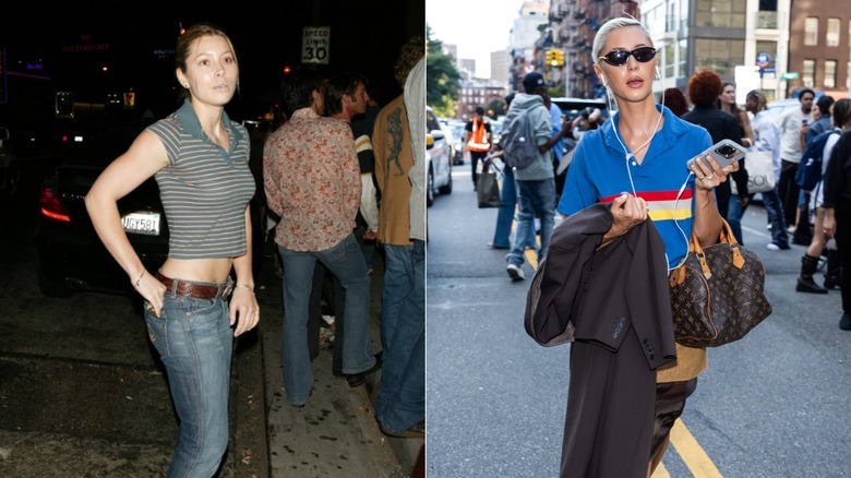 Jessica Biel porte un jean évasé taille basse, une ceinture marron et un haut rayé à gauche et Iris Law porte un polo rayé et des lunettes de soleil à droite.