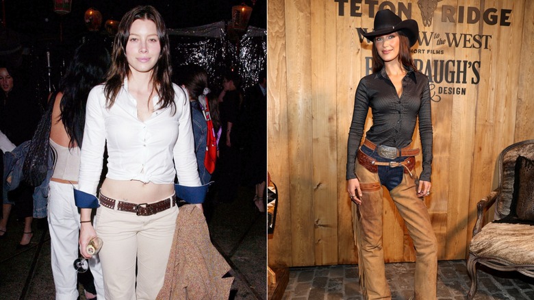Jessica Biel sourit en portant un jean évasé beige et une chemise blanche à gauche et Bella Hadid sourit en portant une chemise et un chapeau de cow-girl à droite.