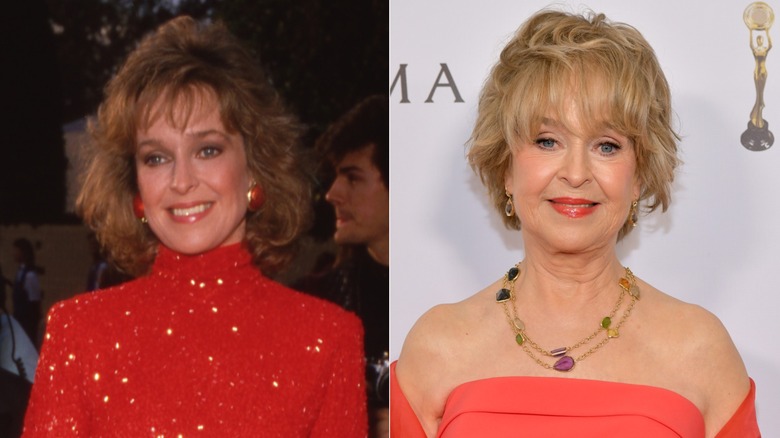 Jill Eikenberry portant une robe rouge scintillante dans les années 1980 (L) & Jill Eikenberry portant une robe sans manches en 2022 (R)