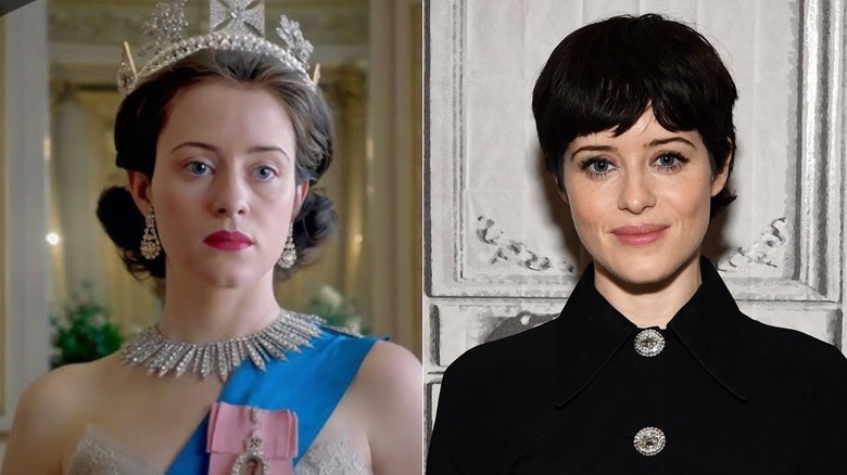 Photos côte à côte de Claire Foy dans le rôle de la reine Elizabeth (à gauche) et dans son propre rôle sur le tapis rouge (à droite)