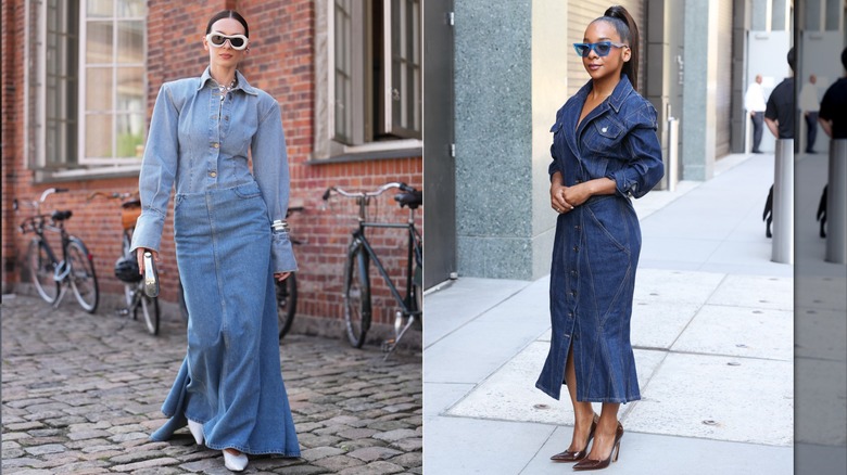 Une invitée portant une robe longue en denim légèrement délavé lors de la Fashion Week de Copenhague en août 2026 / Kara Young dehors 