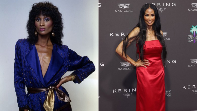 Une jeune Beverly Johnson portant un blazer violet / Une Beverly Johnson plus âgée portant une robe bustier rouge en satin