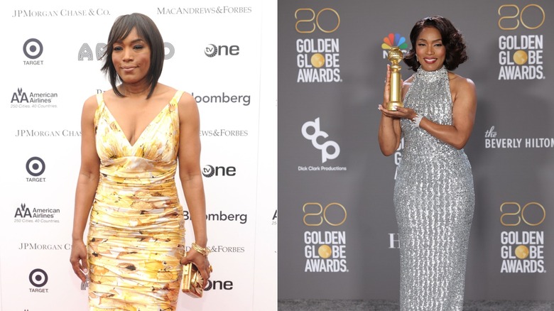 (à gauche) Angela Bassett sourit en portant une robe jaune fleurie (à droite) Angela Bassett sourit en portant une robe à col roulé argentée