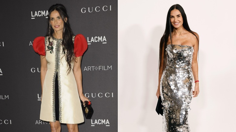 (à gauche) Demi Moore sourit en portant une robe courte blanche à manches bouffantes rouges (à droite) Demi Moore sourit en portant une robe incrustée de sequins