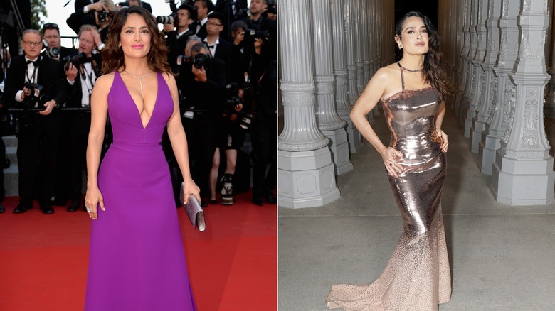 (à gauche) Salma Hayek sourit en portant une robe violette décolletée (à droite) Salma Hayek pose en portant une robe en bronze