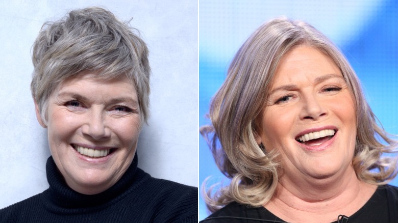Kelly McGillis avec une coupe courte de lutin en 2013 à gauche, et avec un carré court lors d'un événement en 2014 à droite.