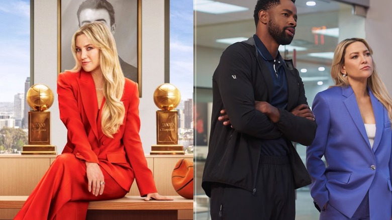 Kate Hudson dans un power suit rouge à côté de Kate Hudson dans un power suit bleu avec Jay Ellis