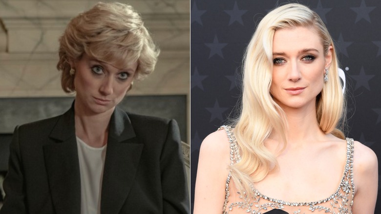 Photos côte à côte d'Elizabeth Debicki dans le rôle de la princesse Diana (à gauche) et dans son propre rôle sur le tapis rouge (à droite)