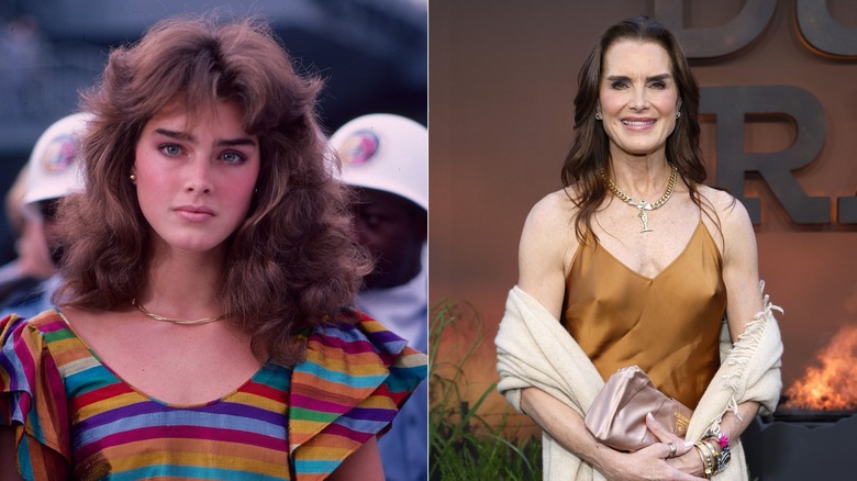 Une jeune Brooke Shields portant un haut rayé / Une Brooke Shields plus âgée portant une robe en satin rouille