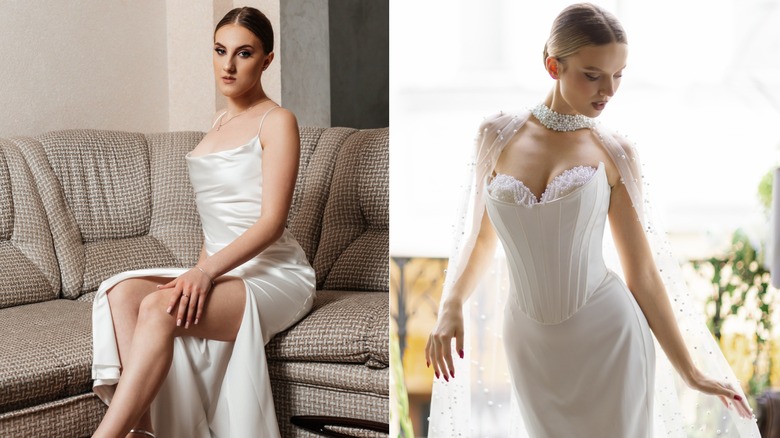 Côte à côte, deux femmes en robes de mariée blanches