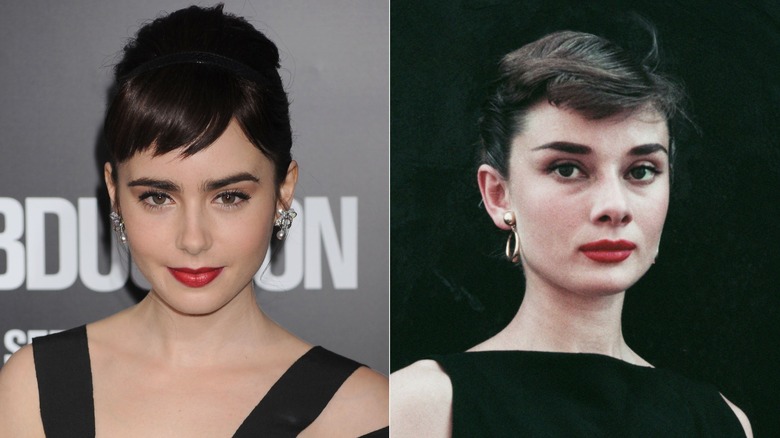 Lily Collins portant une micro frange et un rouge à lèvres et Audrey Hepburn en 1955