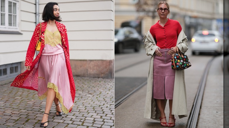Une invitée portant une camisole en dentelle rose et une jupe assortie avec un pardessus rouge lors de la Fashion Week de Copenhague en août 2026 / Karin Teigl portant un polo rouge, une jupe midi rose et un trench-coat à Vienne, en Autriche, en mars 2026